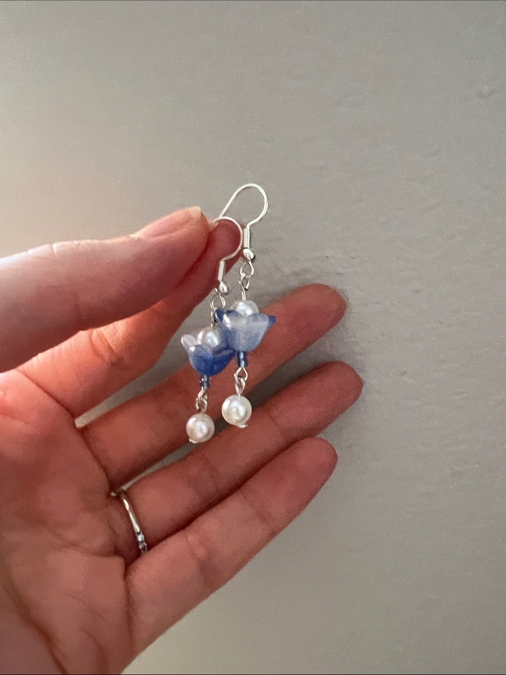 Blue Floral Drop Earrings with Pearl Dangle - Women Jewelry